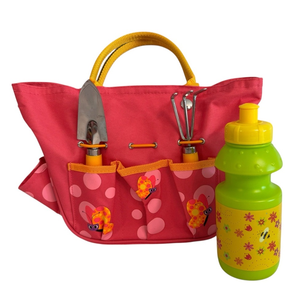 Pink polkadot butterfly childrens garden tool bag trowel rake & water bottle